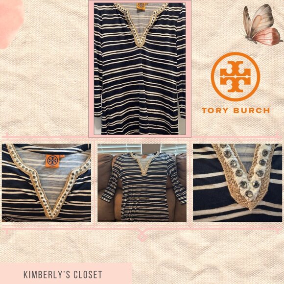 Tory Burch Navy and White Striped Tunic with Embellished V-Neck - Picture 4 of 9